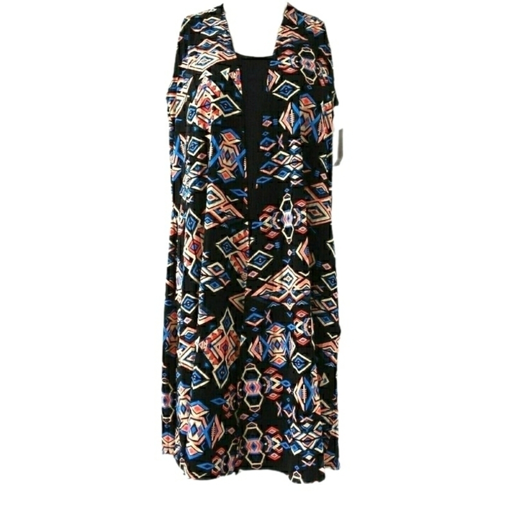 LulaRoe Women's Joy Duster Length Blue Aztec Print Vest Cardigan